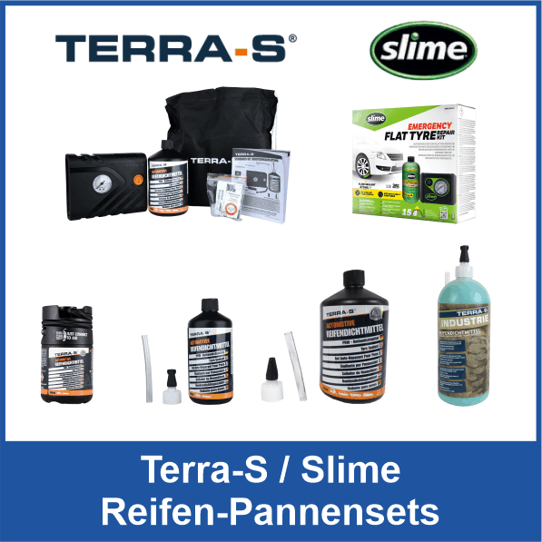 Terra S und Slime Reifen-Pannensets und Ersatzflaschen